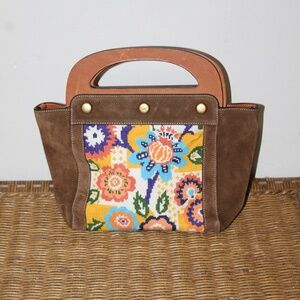 Tory Burch Colorful Needlepoint Brown Sued Bermuda Handbag. Approx. 8" x 12"